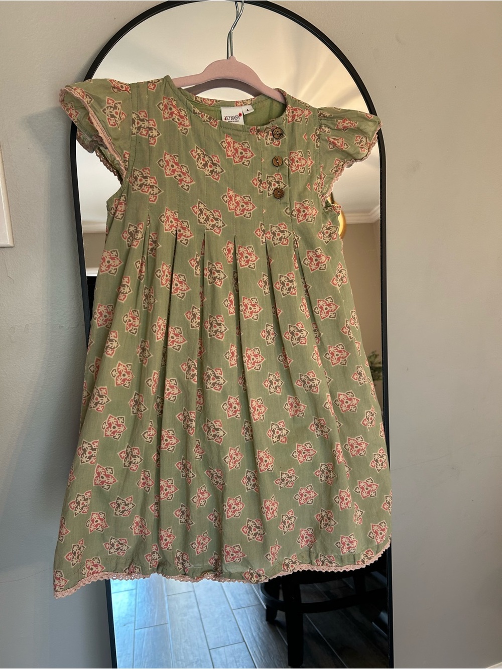 Olive Green Floral Girls' Casual Dress with Pink Motifs